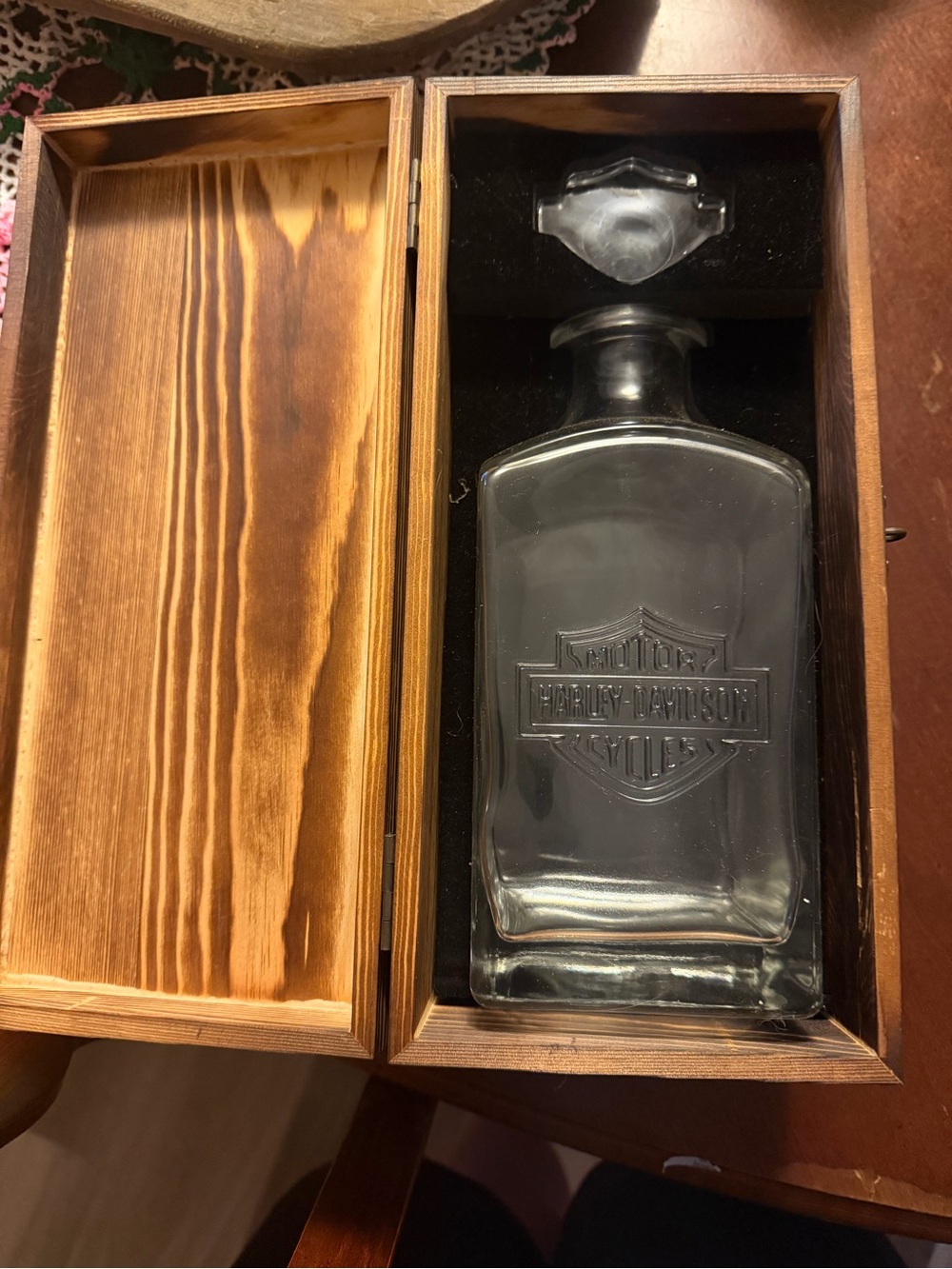 Harley-Davidson Clear Glass Decanter with Brown Wooden Presentation Box
